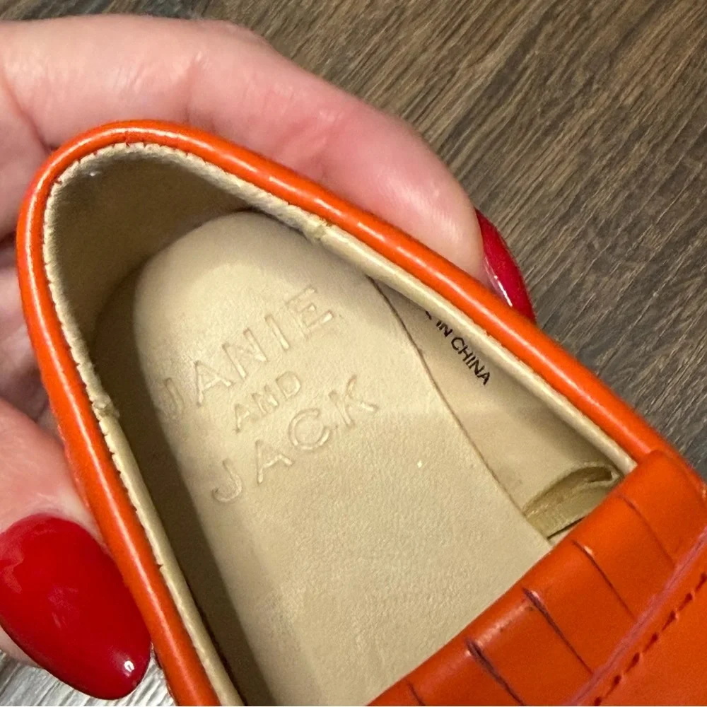 Janie and Jack orange leather fringe loafers size 4 New